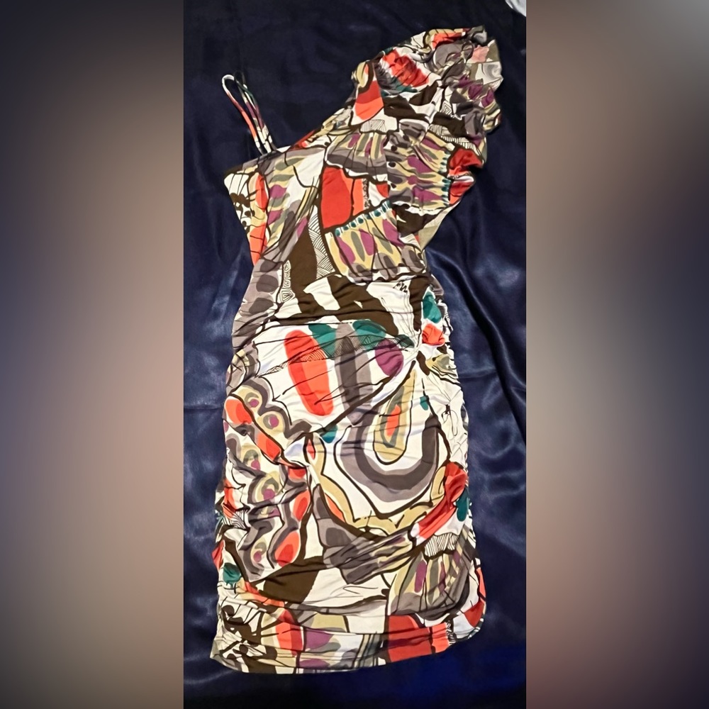 Gently used multicolored one shoulder with straps dress.